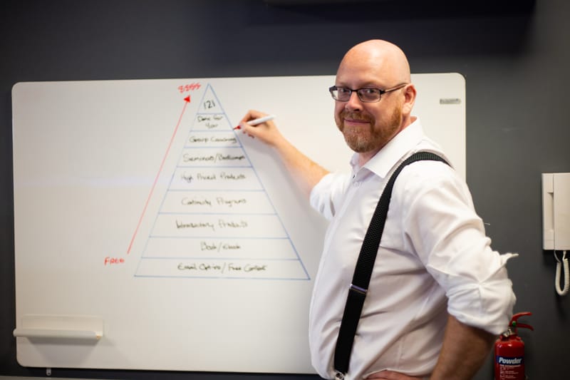 Julian at a whiteboard mapping out a marketing funnel